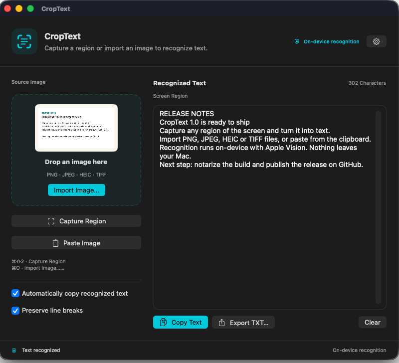 CropText main window: a captured screen region on the left, the recognized editable text on the right