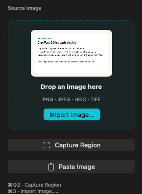 The source pane of CropText with a drop zone, Import Image, Capture Region and Paste Image buttons